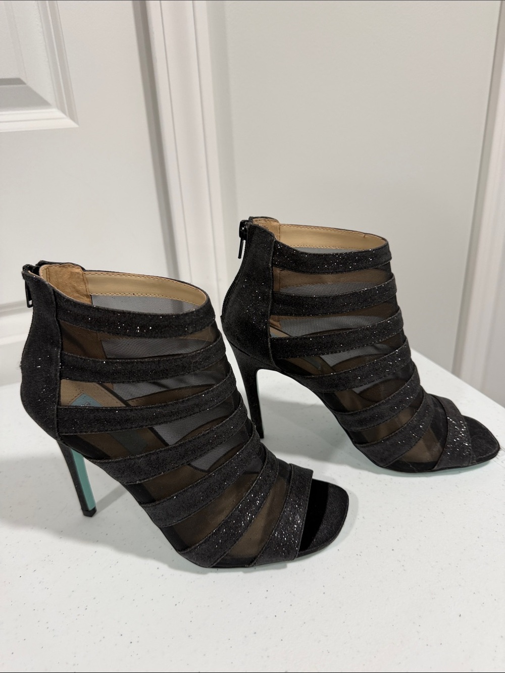 Betsey Johnson Black Glitter Mesh Strappy Peep-Toe Heels